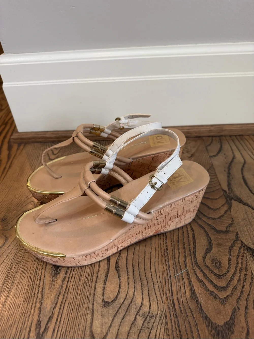 Dolce Vita White and Tan Cork Wedge Sandals with Gold Accents